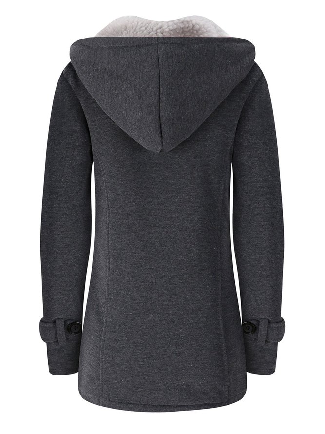 Women Horn Button Coton Fleece Hooded Duffle Coat